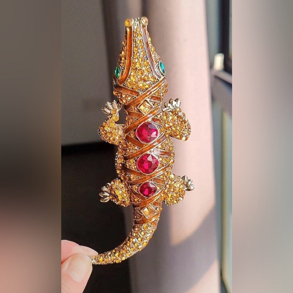 Gold and Red Lizard Brooch Pendant